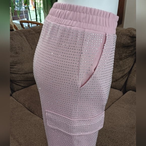 Crystal-embellished Jersey Cargo pants Utility Pant Pink Bling Bling M Joggers - Picture 2 of 9